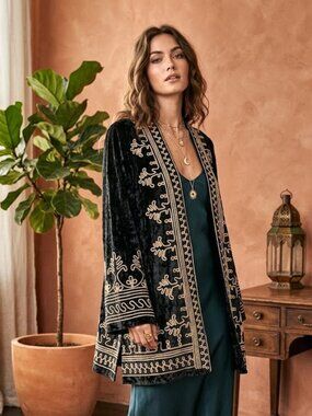 4SI3NNA Velvet Embroidered Open Front Kimono Jacket, Black, Womens Size Small